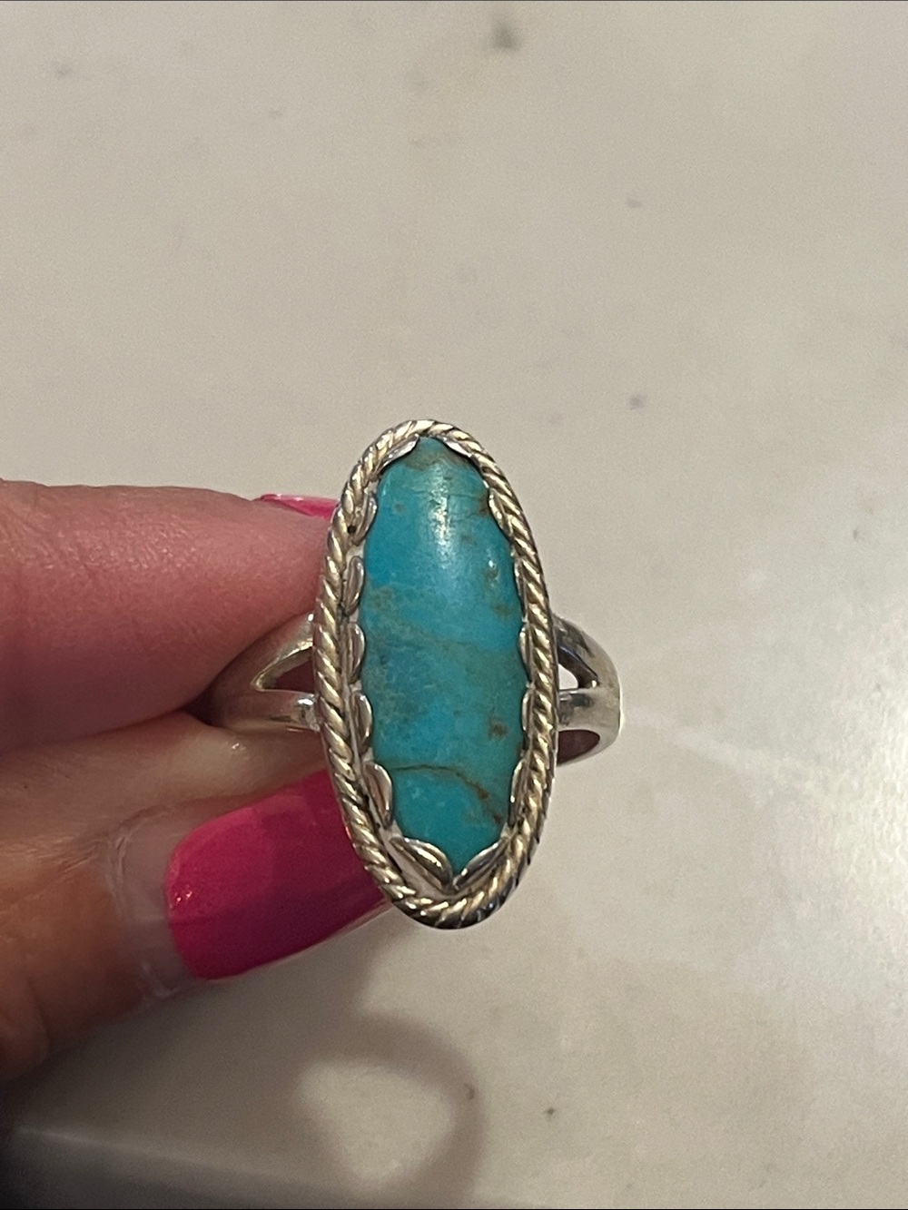Vintage Turquoise Oval Sterling Ring - Blue Stone Statement Ring size 7